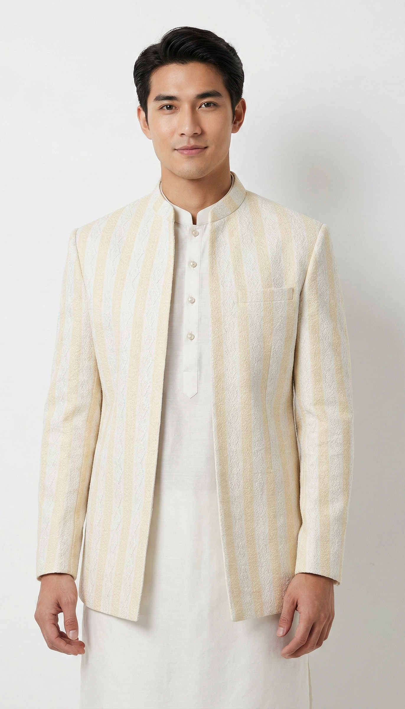 Ivory Gold Striped Bandhgala Prince Coat
